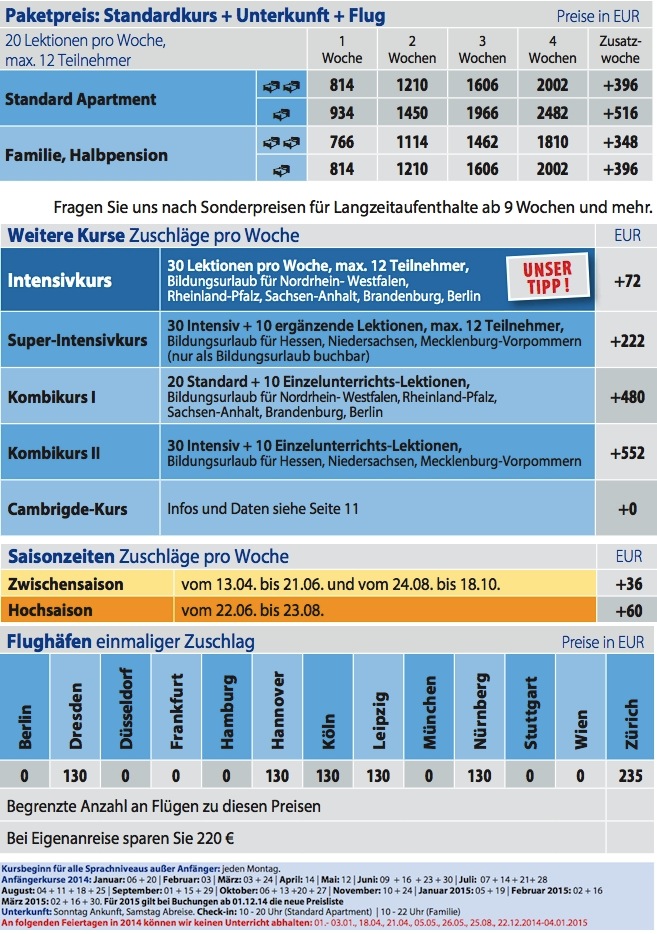 Preise 2014 Sprachreise England London