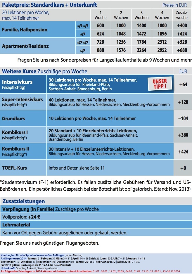 Preise 2014 Sprachreise USA Boston